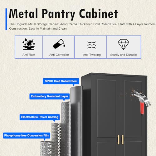 Tall Kitchen Storage Cabinet with Doors and Adjustable Shelves, Black Freestanding Cupboard J20442