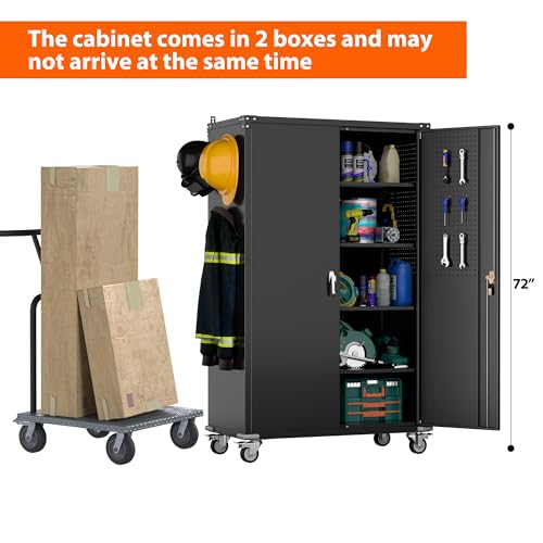 Metal Storage Cabinet with Wheels, 73" H, Locking Doors and Adjustable Shelves A1751