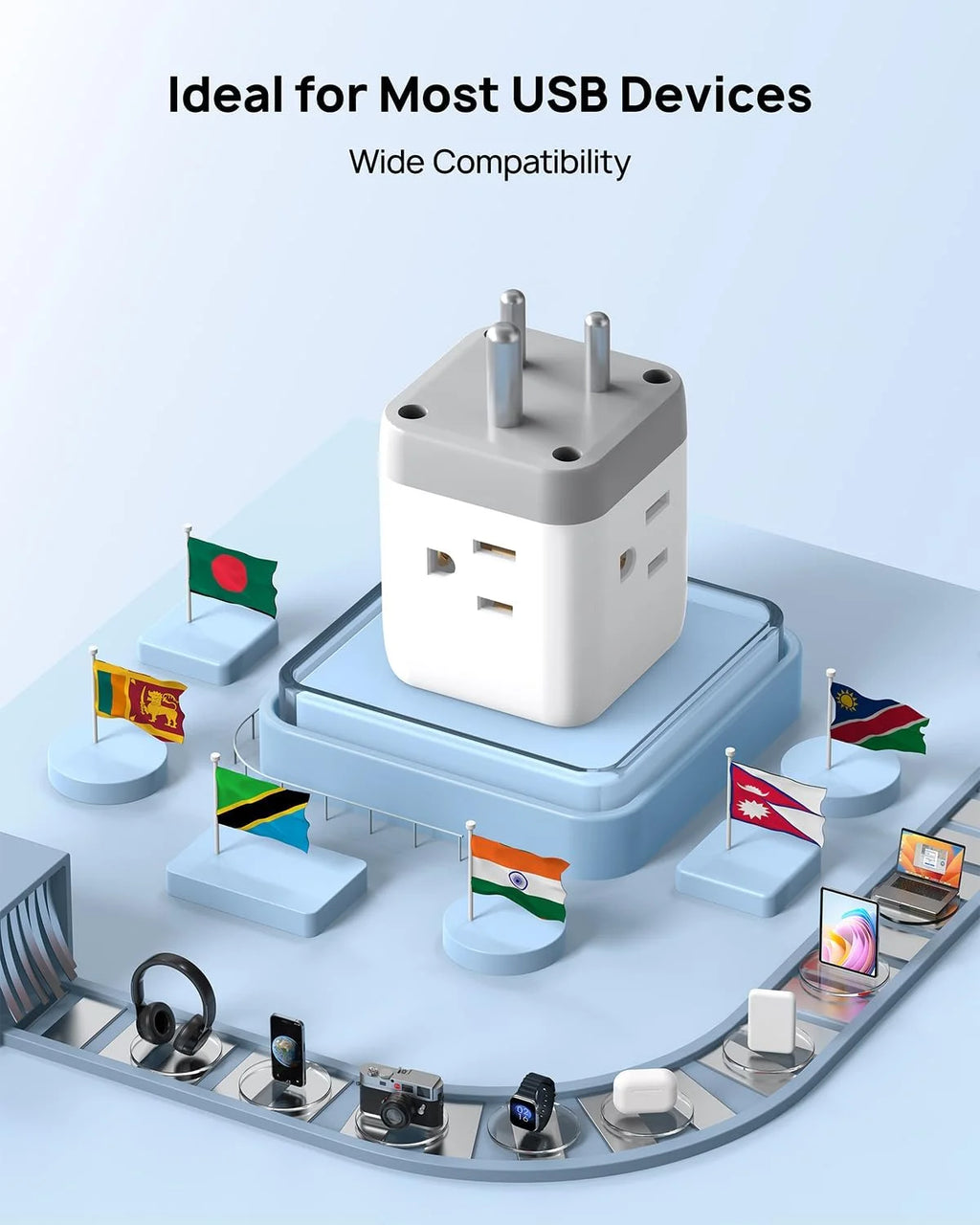 India to US Plug Adapter with 2 USB Ports and 3 Outlets C46846