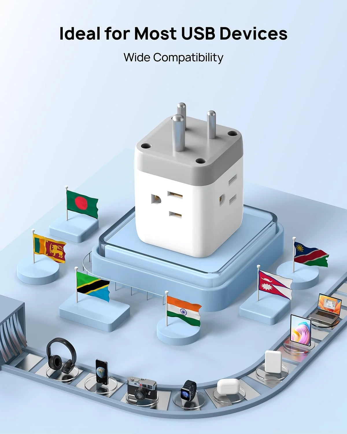 India to US Plug Adapter with 2 USB Ports and 3 Outlets C46846