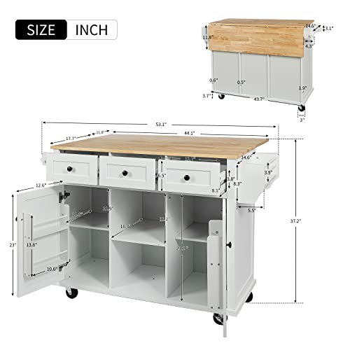 Large Kitchen Island with Drop Leaf, Rolling Cart, Power Outlet and Storage A3211