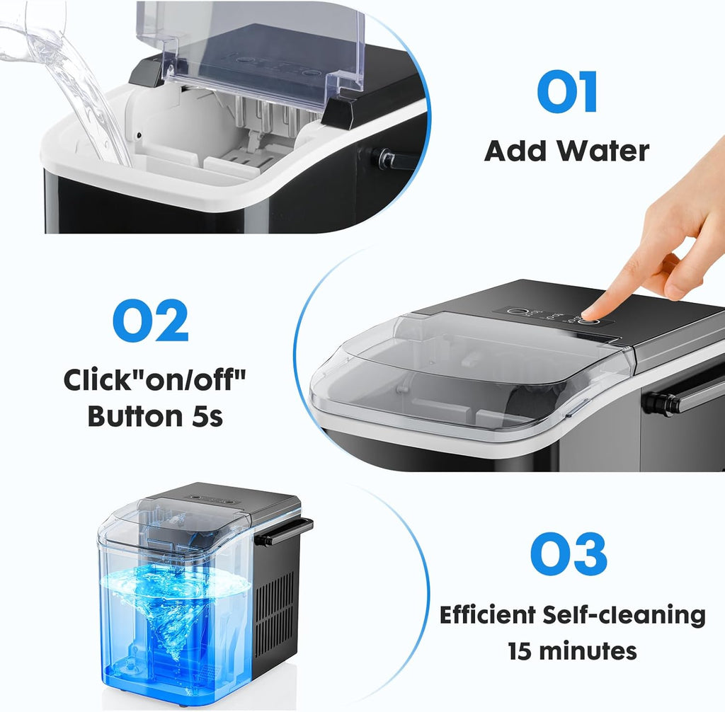 Ice Maker Countertop, Portable Mini Ice Machine, Self-Cleaning, 2 Ice Sizes, Black R709
