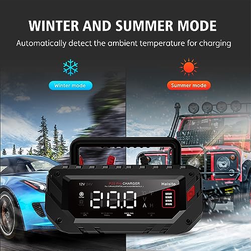 20 Amp Lithium Battery Charger, 12V and 24V LiFePO4, Lead-Acid Portable Car Battery Charger A814524