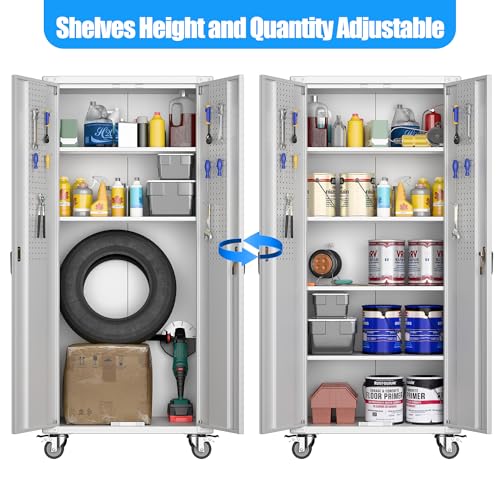 Metal Storage Cabinet with Wheels, 73" H, Locking Doors and Adjustable Shelves A1751