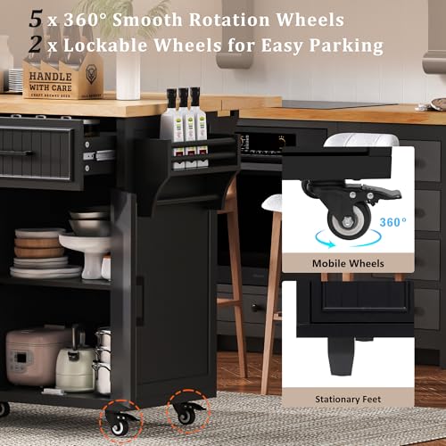Rolling Kitchen Island Cart with Drop Leaf, Power Outlet, and 5 Open Shelves L877625