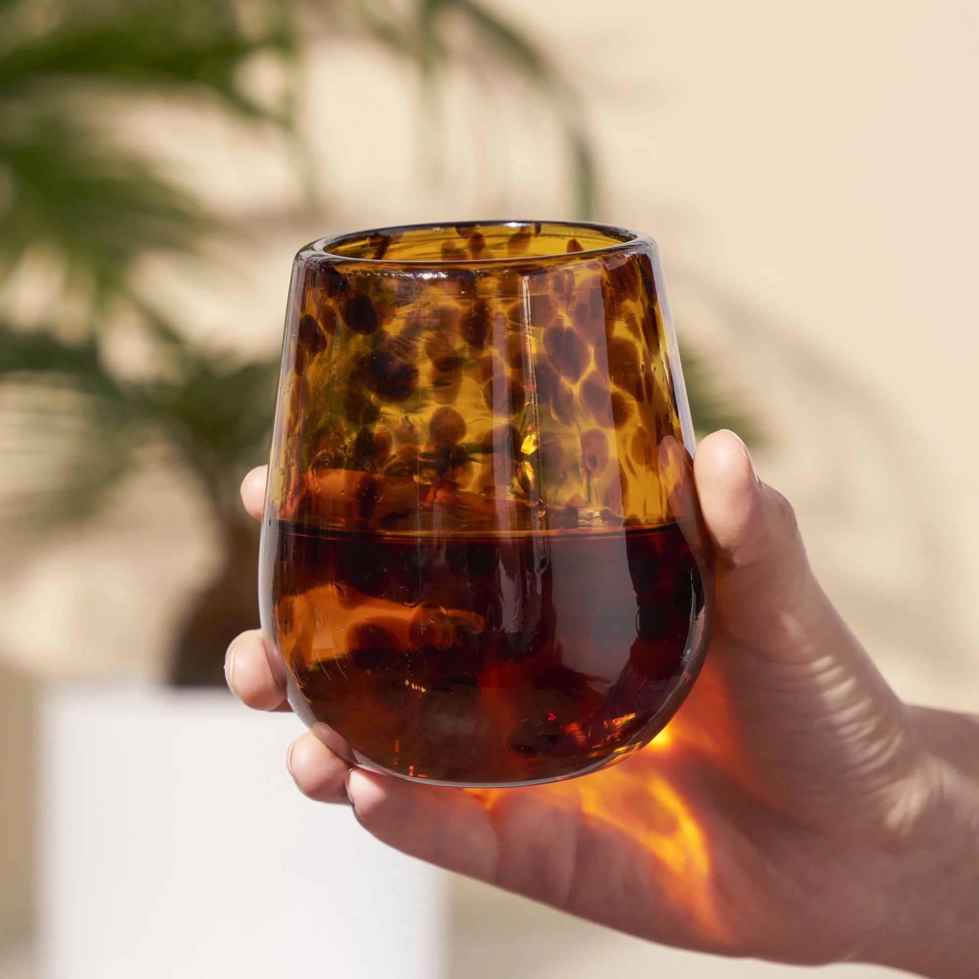Tortoise Shell Stemless Wine Glasses, Recycled Glass, 13oz, Set of 2 E621733