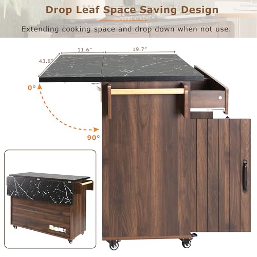 Farmhouse Kitchen Island with Drop Leaf, Barn Door and Power Outlet C3058
