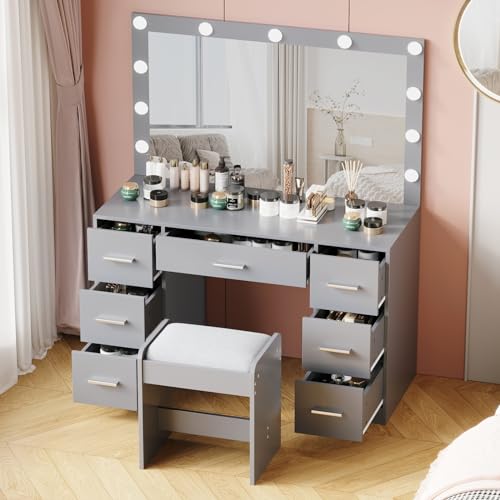 Vanity Desk with Stool, Lighted Mirror, 3 Color Lighting Modes, Dressing Table with Drawers U774924