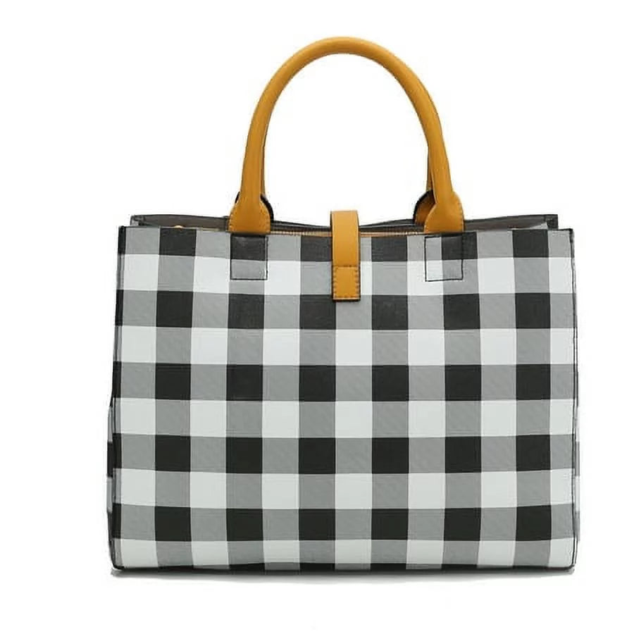 Checkered Vegan Leather Satchel Bag with Wallet 2 Piece Set E6856