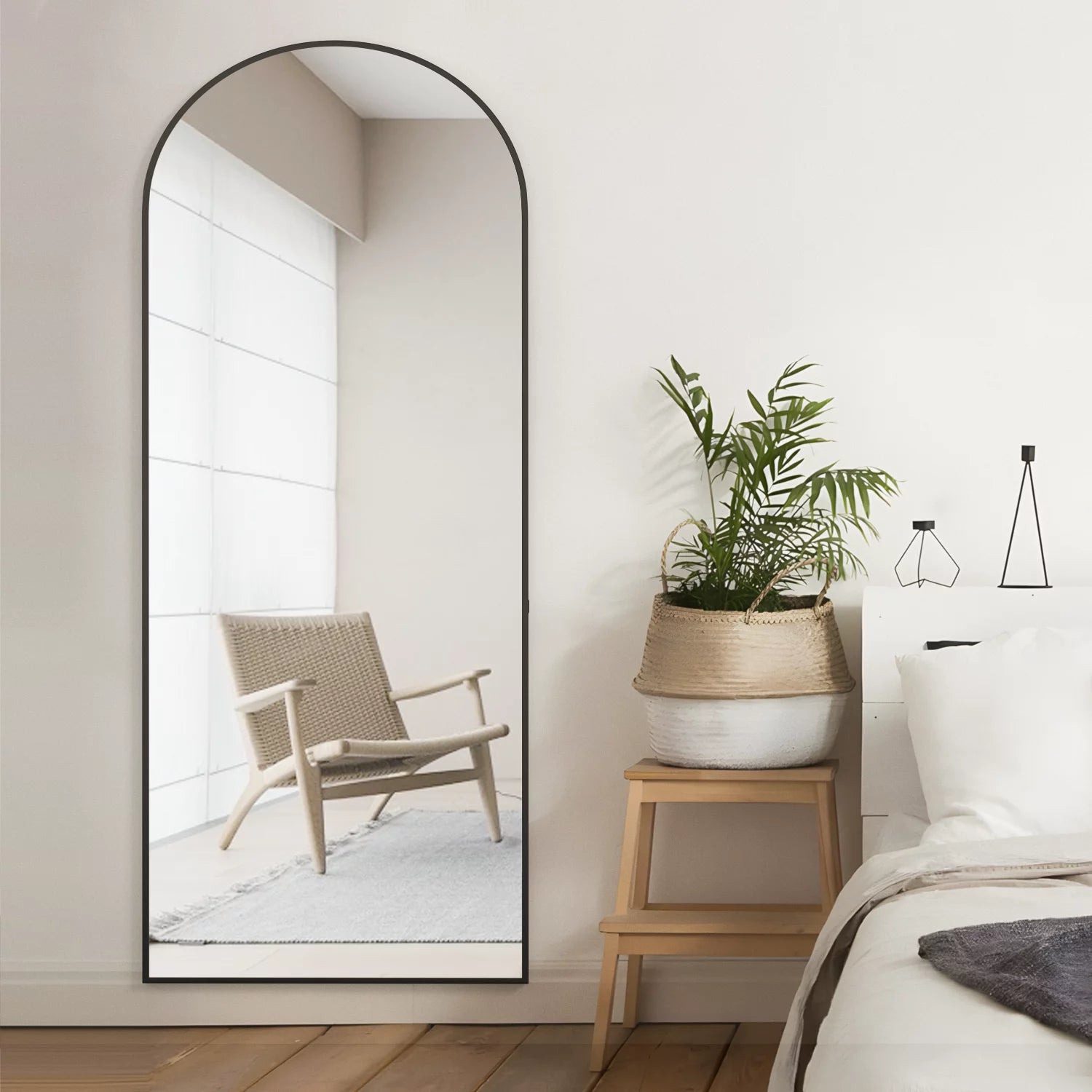 Arched Full Length Floor Mirror with Stand, 64" x 21", Black F95771