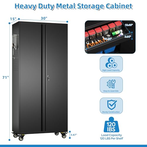 Metal Storage Cabinet with Wheels, 73" H, Locking Doors and Adjustable Shelves A1751