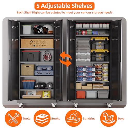 Metal Storage Cabinet with Wheels, 73" H, Locking Doors and Adjustable Shelves A1751