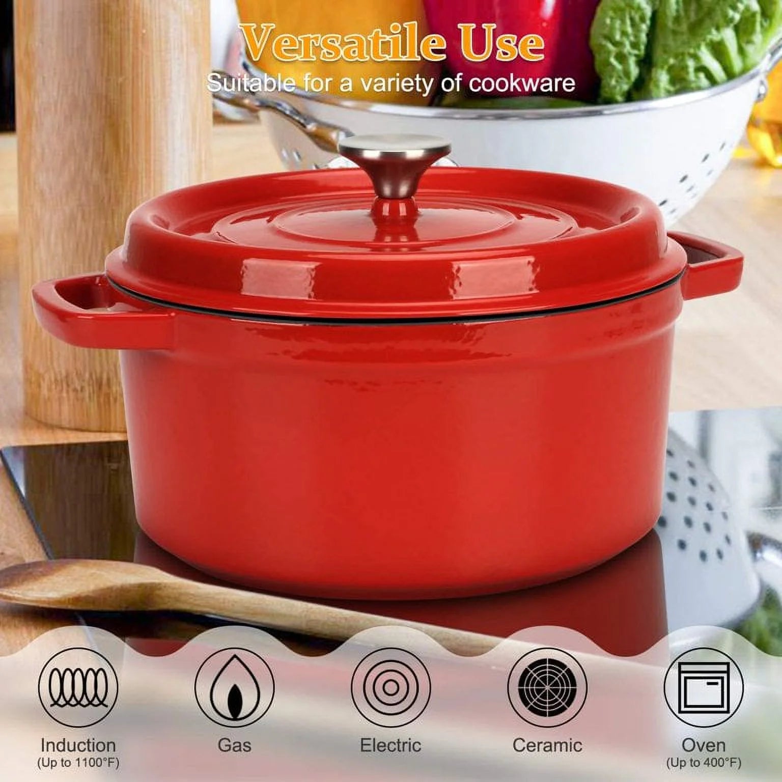 Enameled Cast Iron Dutch Oven, 5 qt Round Casserole Dish for Bread Baking X40103