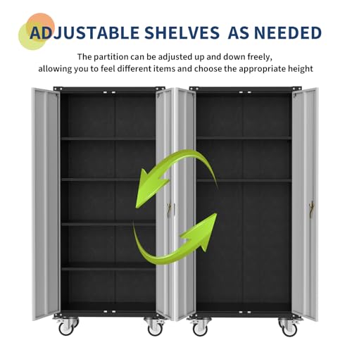 Metal Storage Cabinet 72" H with Wheels, Lockable Rolling, 4 Adjustable Shelves M44378