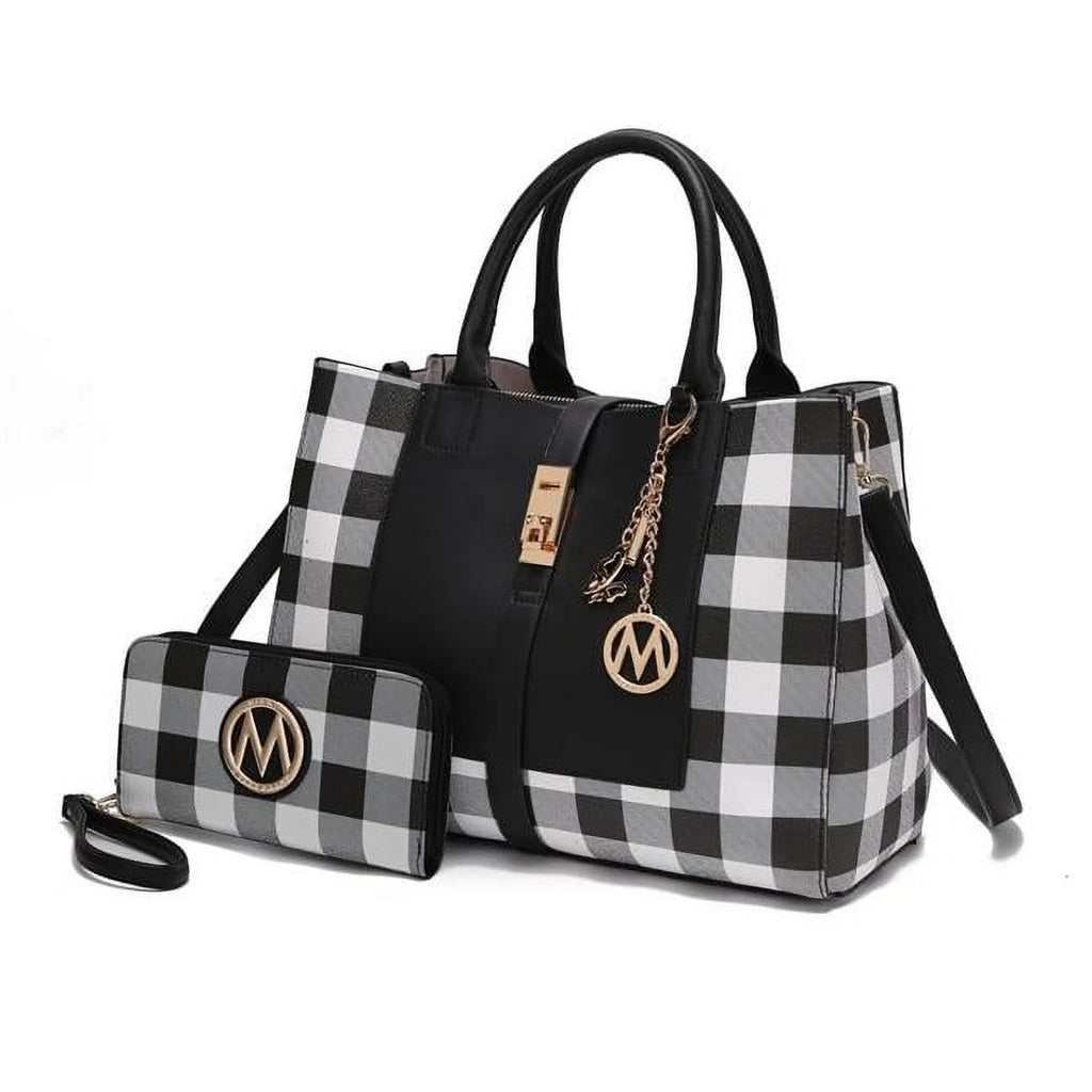 Checkered Vegan Leather Satchel Bag with Wallet 2 Piece Set E6856