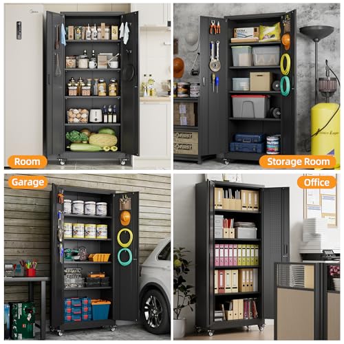 Metal Storage Cabinet with Wheels, 73" H, Locking Doors and Adjustable Shelves A1751