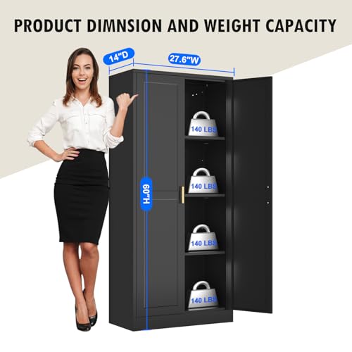 Tall Kitchen Storage Cabinet with Doors and Adjustable Shelves, Black Freestanding Cupboard J20442
