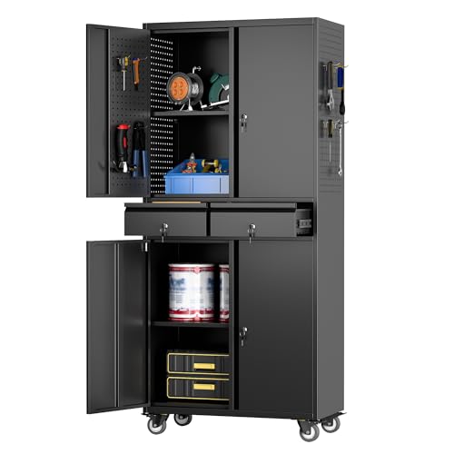 Metal Storage Cabinet with Wheels, 73" H, Locking Doors and Adjustable Shelves A1751