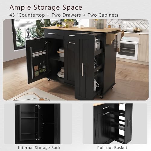 Large Kitchen Island with Drop Leaf, Rolling Cart, Power Outlet and Storage A3211