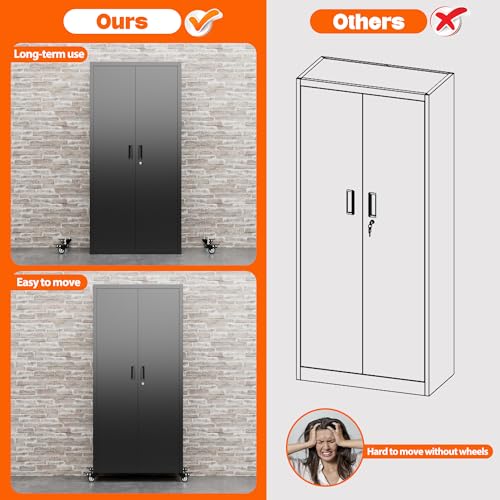 Metal Storage Cabinet with Wheels, 73" H, Locking Doors and Adjustable Shelves A1751