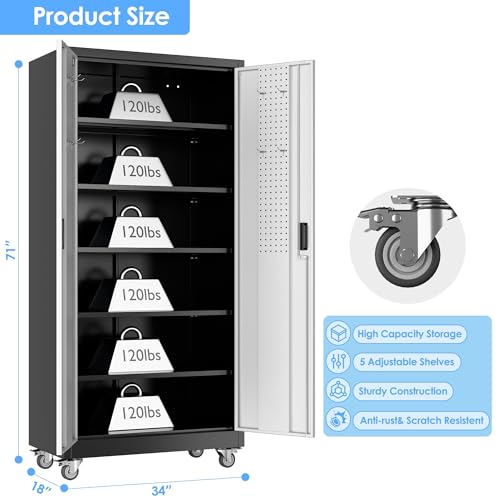 Garage Storage Cabinet with Wheels, 72" H, 2 Doors, 4 Adjustable Shelves, Black R4307