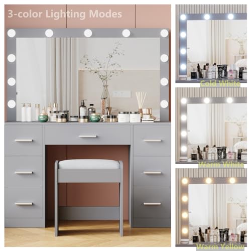Vanity Desk with Stool, Lighted Mirror, 3 Color Lighting Modes, Dressing Table with Drawers U774924
