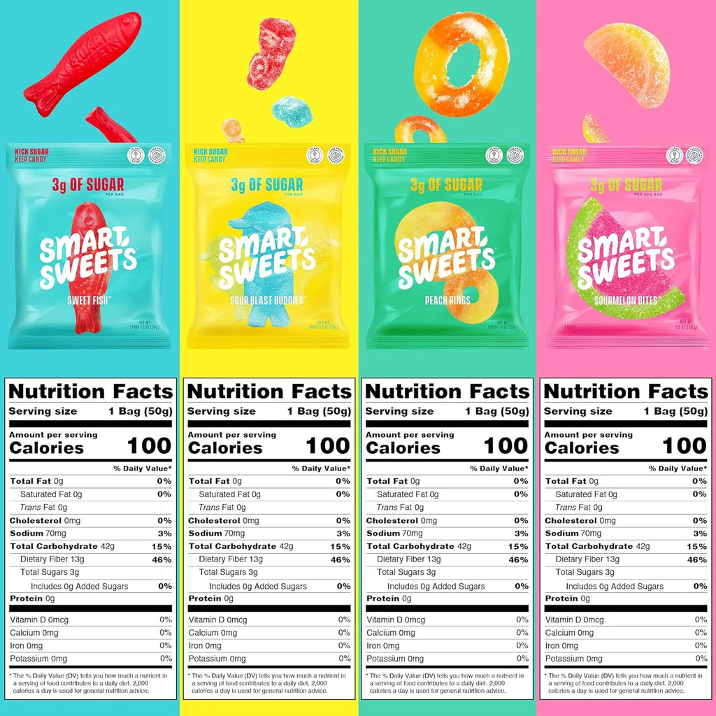 Low Sugar Candy Variety Pack, Sweet Fish, Sourmelon Bites, Peach Rings, 1.8oz (Pack of 8) C99577