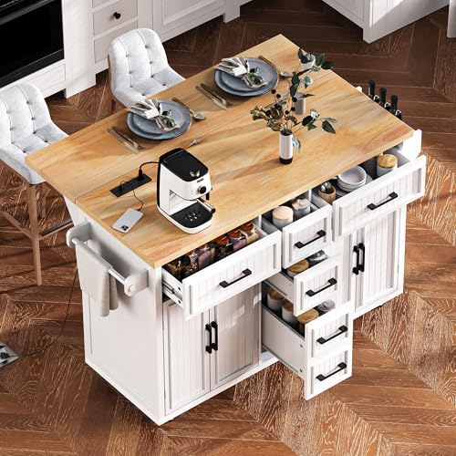 Rolling Kitchen Island Cart with Drop Leaf, Power Outlet, and 5 Open Shelves L877625