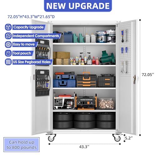 Metal Storage Cabinet with Wheels, 73" H, Locking Doors and Adjustable Shelves A1751