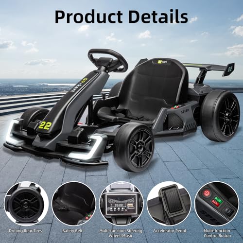 Electric Go Kart for Kids with Drift Function, Adjustable Seat, 8mph Y28704