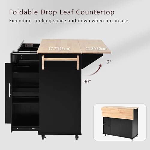 Large Kitchen Island with Drop Leaf, Rolling Cart, Power Outlet and Storage A3211