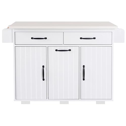 Farmhouse Kitchen Island with Drop Leaf, Barn Door and Power Outlet C3058