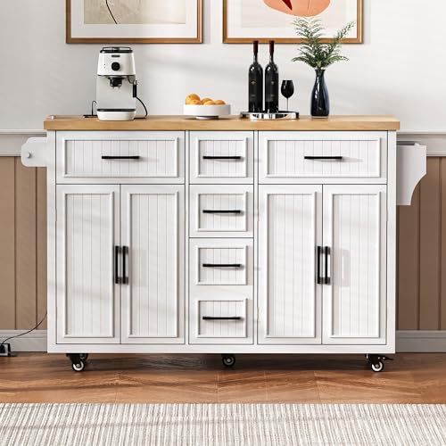 Rolling Kitchen Island Cart with Drop Leaf, Power Outlet, and 5 Open Shelves L877625