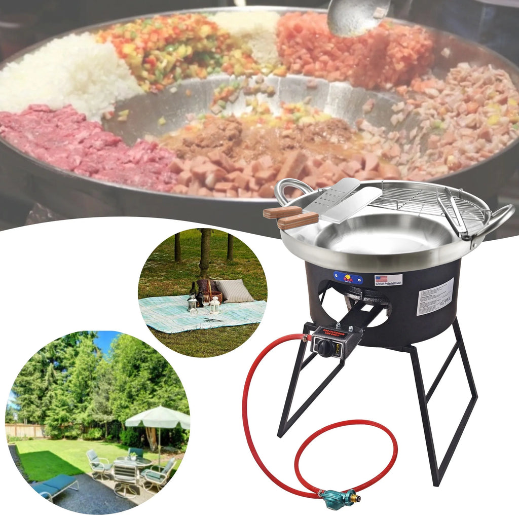 Heavy Duty Stainless Steel Concave Comal Set with Cast Iron Propane Burner Stove Y286300