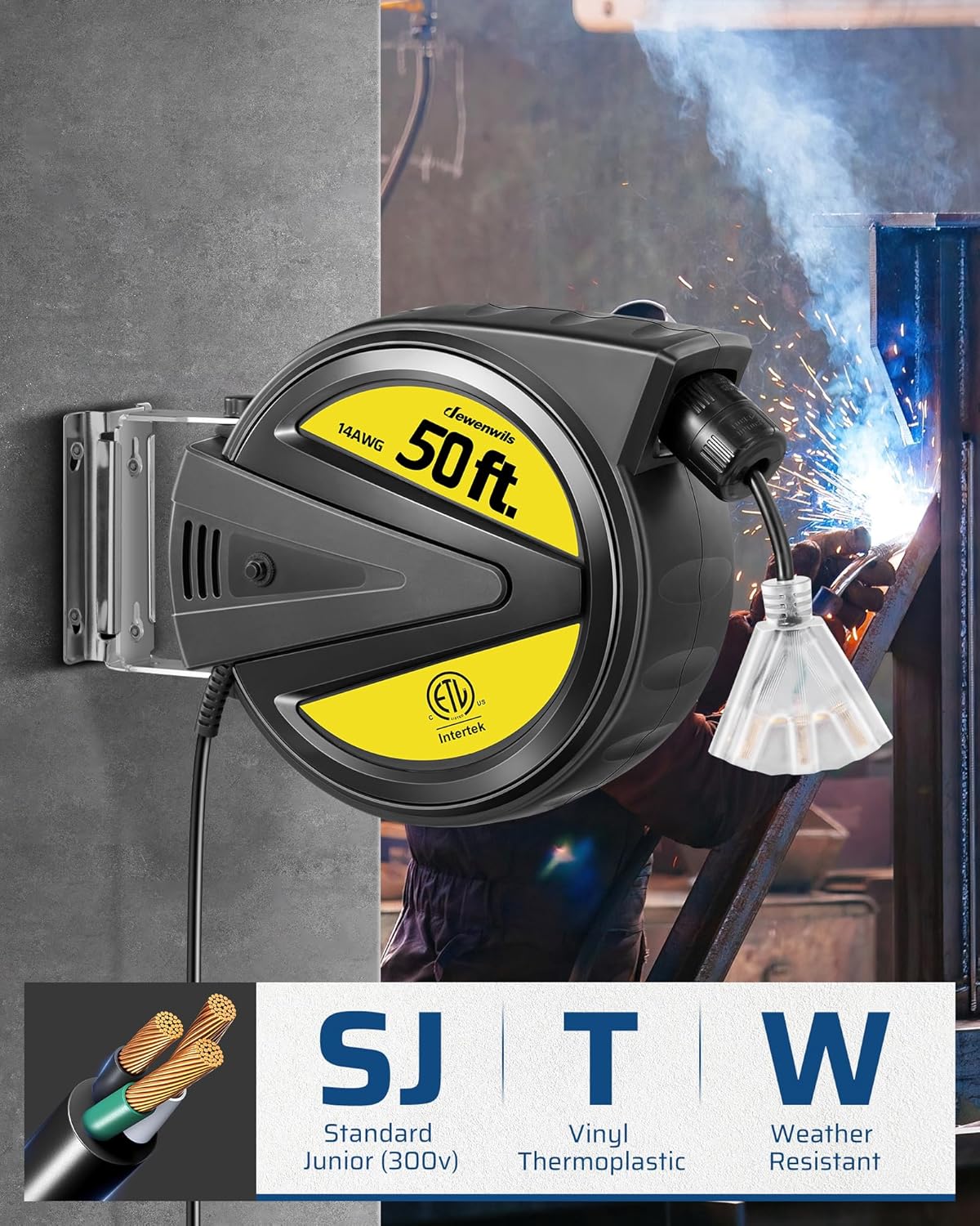 Extension Cord Reel, 50FT Heavy Duty Power Cord, Retractable, Ceiling/Wall Mount V33467