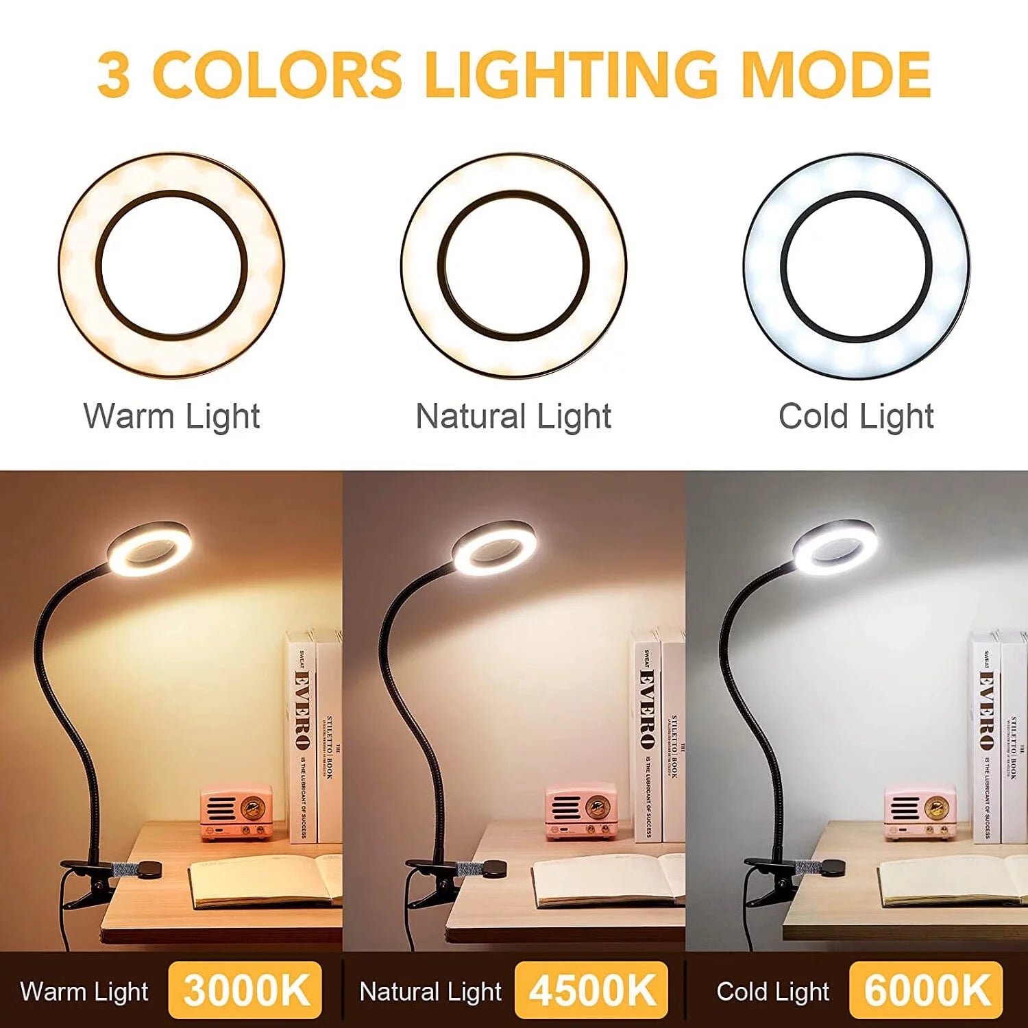 LED Magnifying Glass Desk Lamp with Clamp, Dimmable Gooseneck U7165