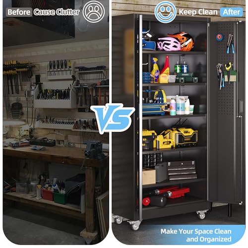 Garage Storage Cabinet with Wheels, 72" H, 2 Doors, 4 Adjustable Shelves, Black R4307