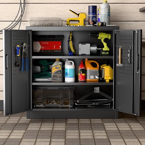 Garage Storage Cabinet with Wheels, 72" H, 2 Doors, 4 Adjustable Shelves, Black R4307