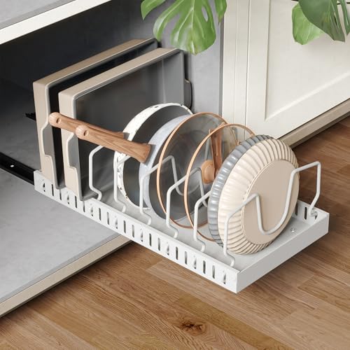 NETEL Pots and Pans Organizer Under Cabinet, Pull Out Pot Lid Organizer, Pan Rack with 8 Dividers, Cutting Board Holder, Cookie Sheet Organizer, Slide Out Drawers for Cabinets, 16.5" Dx8.2 Wx4.3 H