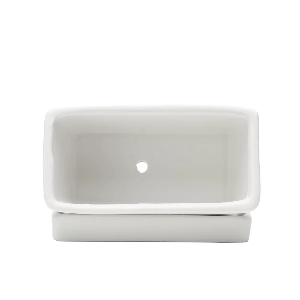 White Rectangular Ceramic Succulent Planter with Drainage Hole and Tray W471