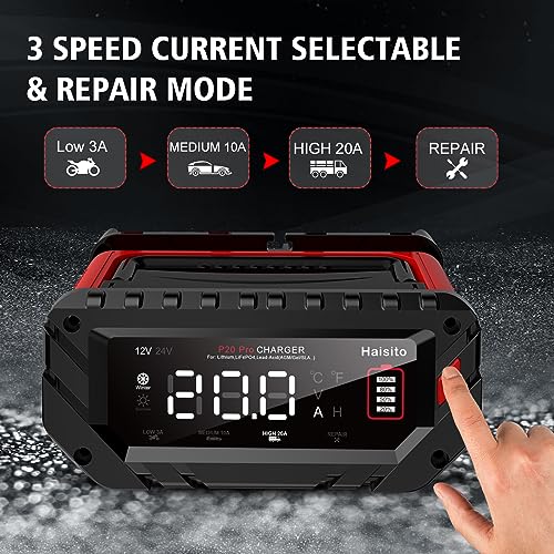 20 Amp Lithium Battery Charger, 12V and 24V LiFePO4, Lead-Acid Portable Car Battery Charger A814524