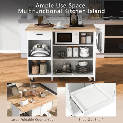 Large Kitchen Island with Drop Leaf, Rolling Cart, Power Outlet and Storage A3211