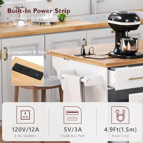 Farmhouse Kitchen Island with Drop Leaf, Barn Door and Power Outlet C3058
