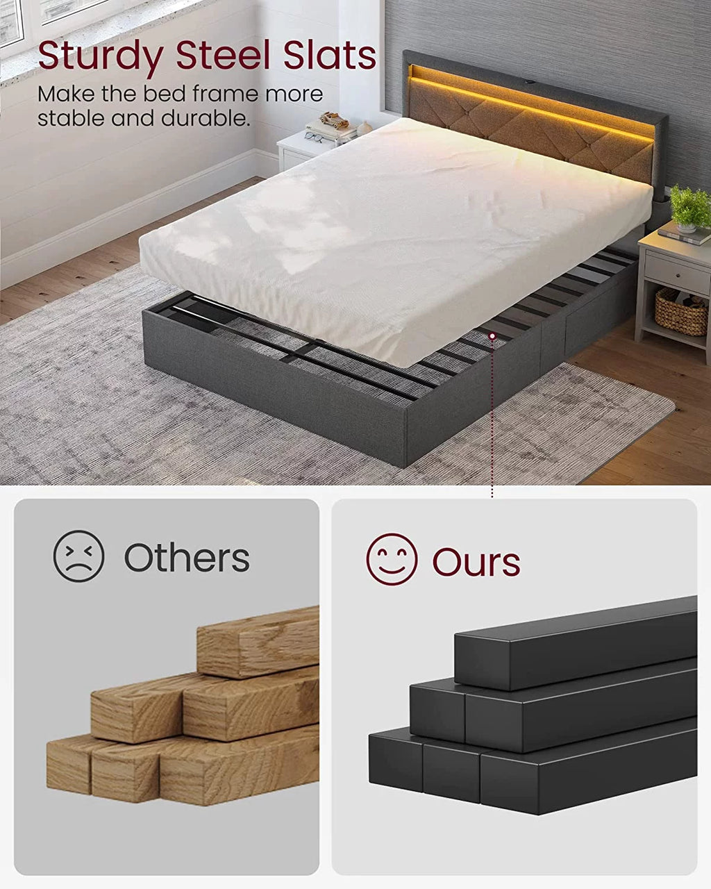 Full Size LED Bed Frame with Headboard and 4 Drawers Storage, Gray H975913