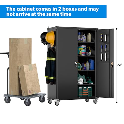 Garage Storage Cabinet with Wheels, 72" H, 2 Doors, 4 Adjustable Shelves, Black R4307