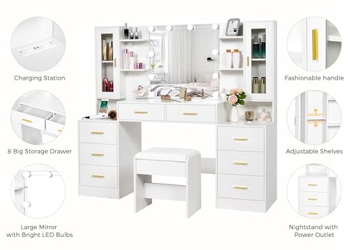 59.1" Vanity Desk with Mirror and Lights, 8 Drawers, 3 Lighting Modes N498542