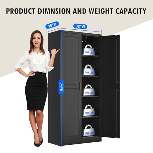 Tall Kitchen Storage Cabinet with Doors and Adjustable Shelves, Black Freestanding Cupboard J20442