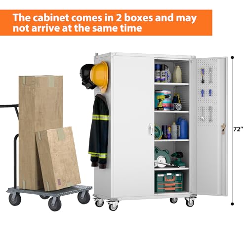 Metal Storage Cabinet with Wheels, 73" H, Locking Doors and Adjustable Shelves A1751