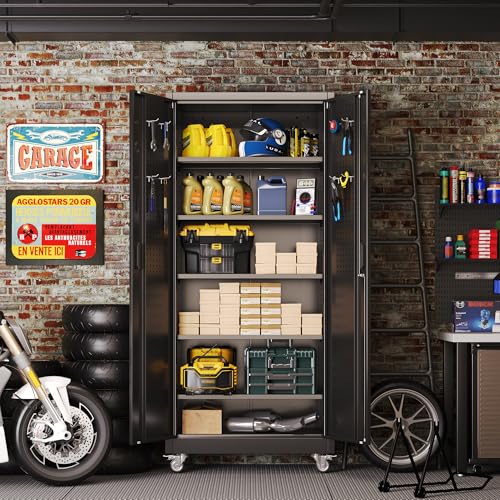 Garage Storage Cabinet with Wheels, 72" H, 2 Doors, 4 Adjustable Shelves, Black R4307