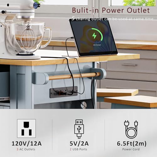 Large Kitchen Island with Drop Leaf, Rolling Cart, Power Outlet and Storage A3211